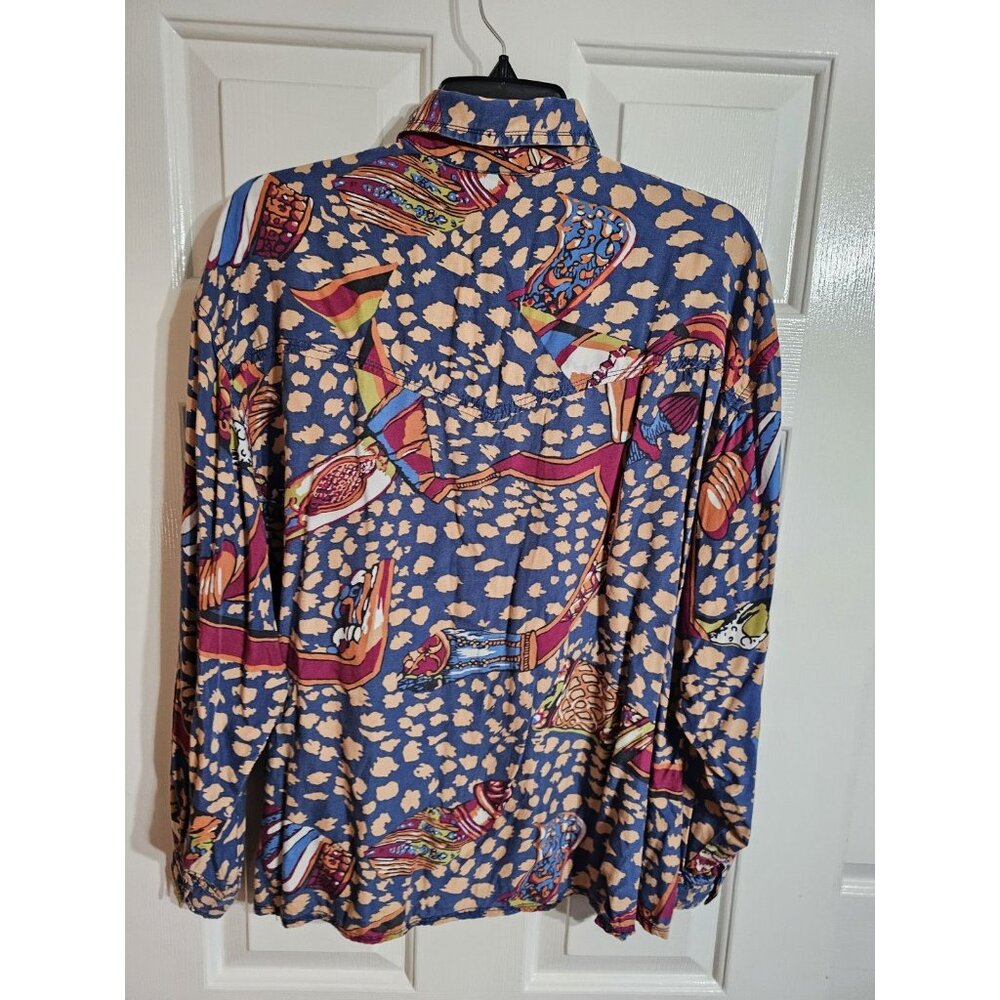 Vintage Esprit Abstract Print Button Down Shirt Polynosic Blue Medium Rare Retro - Picture 3 of 7